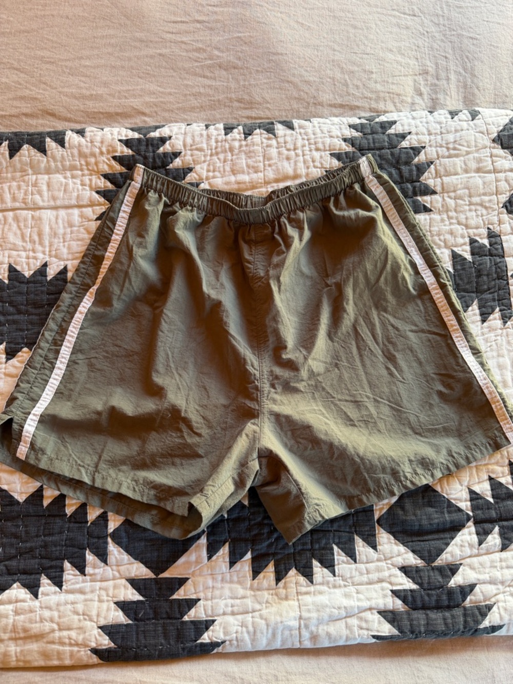 Vintage Olive Green Athletic Shorts with Side Stripe